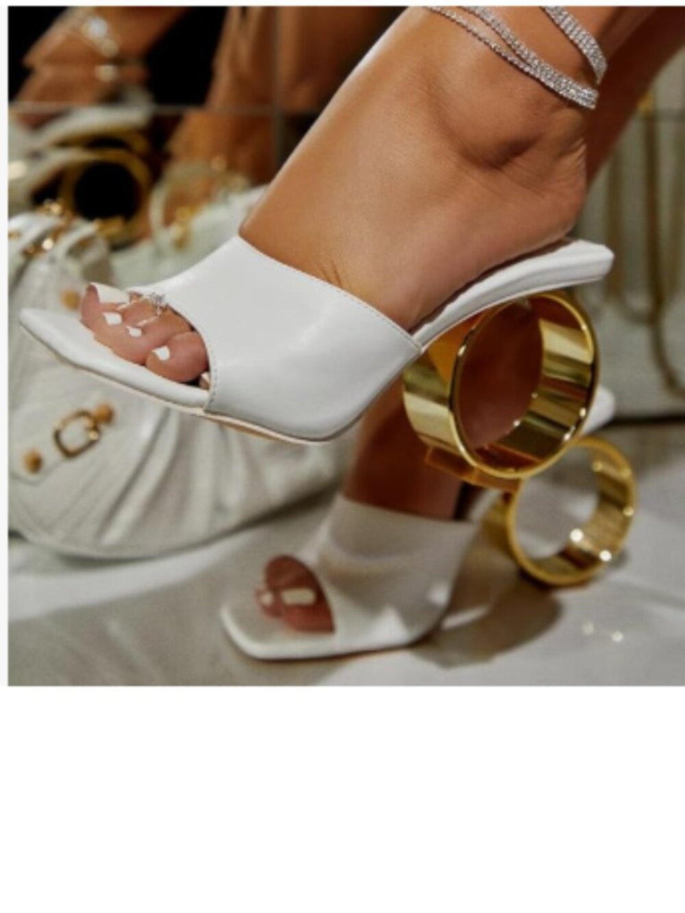XYD White Open Square Toe Slide Sandals Round Circle High Heels Slip On Mules